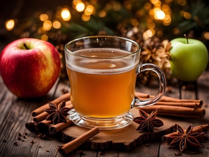 Steaming apple cider in a glass mug, garnished with a cinnamon stick and star anise, surrounded by