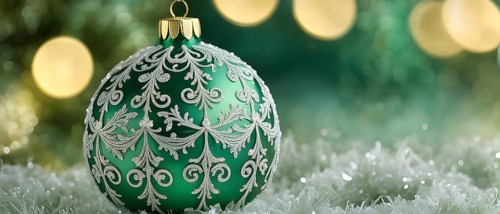 Close up of a frosted green Christmas ornament, detailed with tiny ice crystals, delicate carvings,