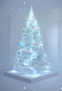 A three dimensional rendering of a futuristic Christmas tree made of glowing, semi-transparent