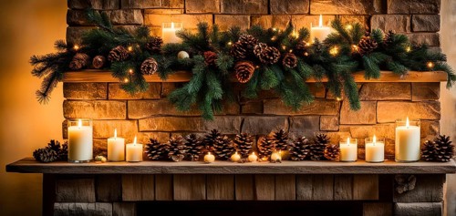 A cozy fireplace mantle decorated with pine cones, garlands, and lit candles, with a close-up focus
