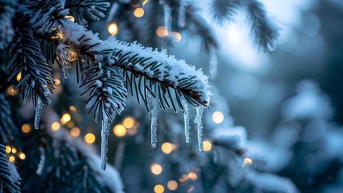 Detailed shot of frosted pine branches with twinkling fairy lights and icicles hanging, creating a