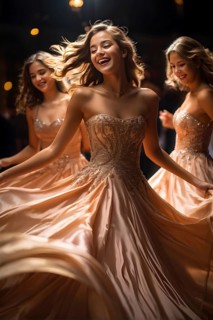 Group of teenage girls as they dance exuberantly in ornate evening gowns at a gala event, AI