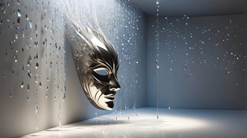 3d rendering of a mask adorned with tears suspended on a wall, AI generated