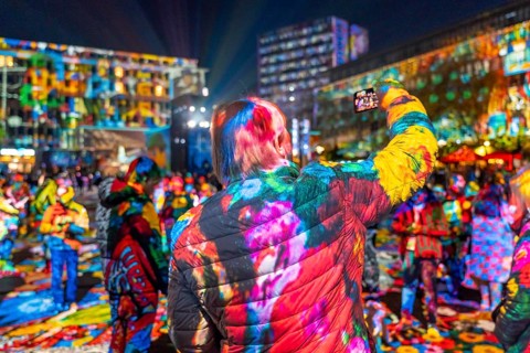 Essen Light Festival, in the city centre, light art on Kennedyplatz, the Berlin artist Daniel