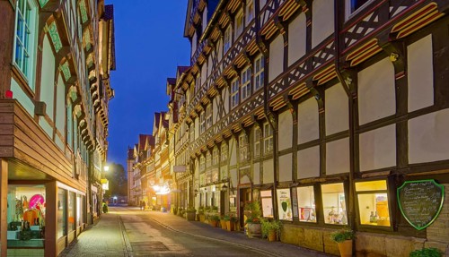 The market street in the old town of Hannoversch Münden with historic half-timbered houses in the