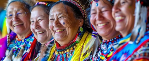Smiling native indigenous people of Canada dressed in colorful native clothes, AI generated