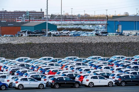Emden, Cars waiting in the harbour for shipment, VW plant, East Frisia, Lower Saxony