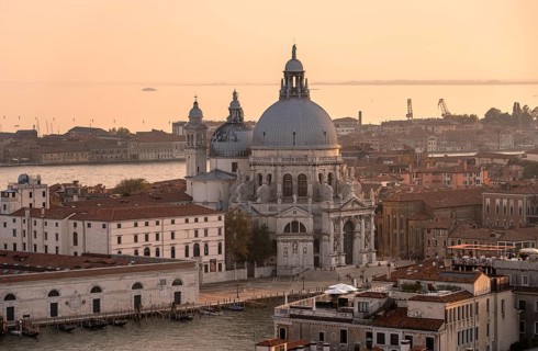 Basilica di Santa Maria della Salute on the Grand Canal at sunset, view from the Campanile di San