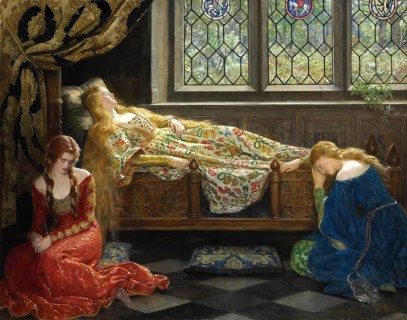 A woman sleeps on an ornately decorated bed while two other woman sit beside her. The sleeping