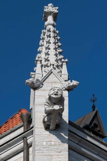 Mythological figures and monk as gargoyle, south chapel, medieval cathedral, Visby Cathedral, St