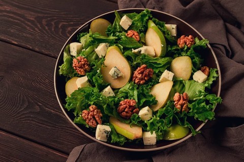 Keto Salad, pear with blue cheese and walnut, selective focus, no people, close-up