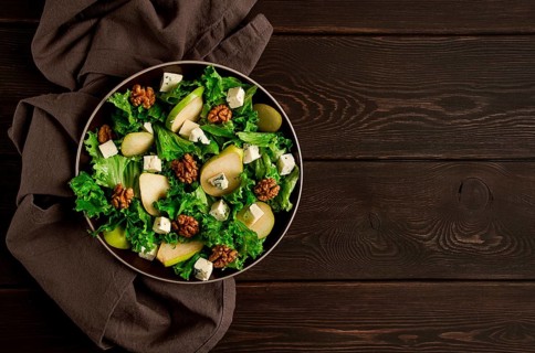 Keto Salad, pear with blue cheese and walnut, selective focus, no people, close-up