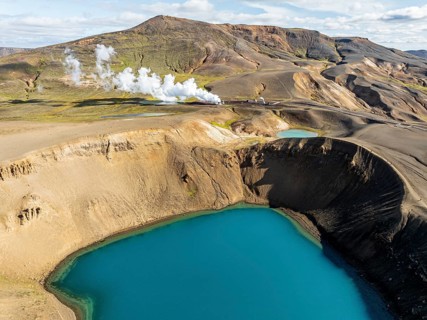 Aerial view of blue lake in the Viti volcano crater at Krafla power plant, Myvatn region, Iceland,