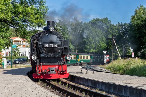 A steam locomotive with smoke travelling on rails through a wooded area, Rügen, Rasender Roland