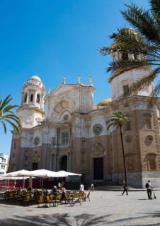 Historic cathedral with surrounding palm trees and café terraces under a clear sky, Catedral de