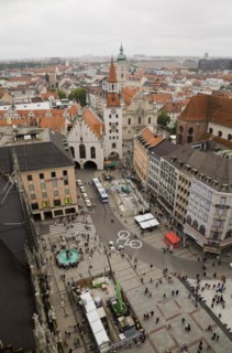 High angle view of buildings with traditional terracotta ceramic tiled rooftops surrounding the