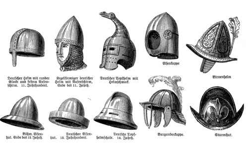 Helmets from various periods from the 11th century to the 18th century, illustration from 1880,