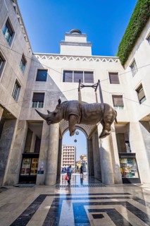 Hanging sculpture of a rhinoceros, Brescia, Lombardy, Italy, Europe