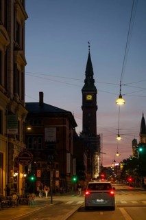 Vester Voldgade, tower, town hall in national romantic style by Martin Nyrop, evening, Copenhagen,