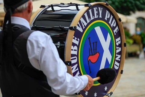 Big drum by bagpipers, bagpipe orchestra, pipe concert, Sigmaringen, Baden-Württemberg, Germany,