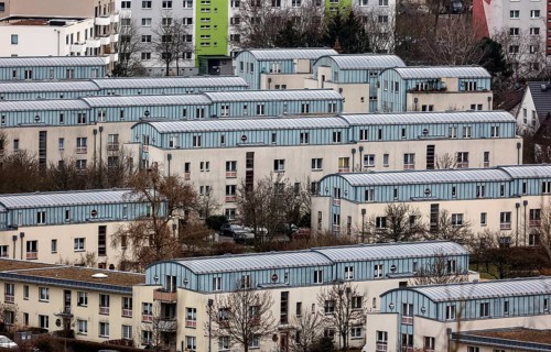 View of high-rise buildings and apartment blocks in the Berlin district of Marzahn-Hellersdorf,