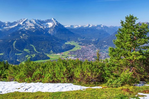 View from Wank 1780m to valley, village and Zugspitzgruppe 2962m, Garmisch-Partenkirchen,