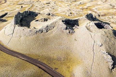 Single crater of the Laki crater row, top down view, road F206, Iceland, Europe