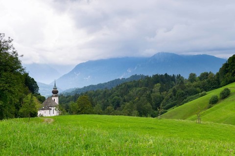 Maria Gern pilgrimage church, view of the Watzmann mountain shrouded in mist, Berchtesgarden Alps,