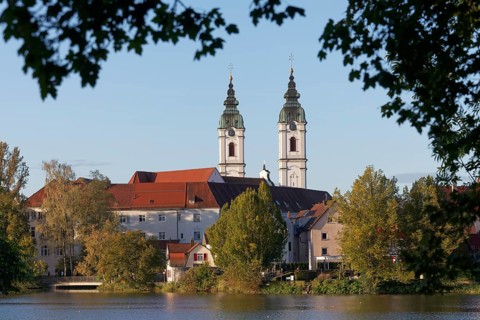Church of St. Peter, view over the town lake, morning light, autumn, Bad forest lake, Upper Swabia,