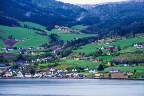 Mountains and Fiord over Norwegian Village in Olden, Innvikfjorden, Norway, Europe