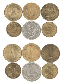 Collection of various Austrian coins, schillings and groschen, circulation money, obverses and