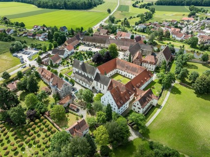 Aerial view of the village of Heiligkreuztal with the cathedral and the former Cistercian nunnery,
