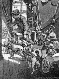 In the monkey theatre, theatre, circus, dogs, monkeys dressed as humans, illustration from 1887,