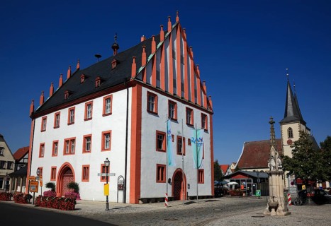 Old town hall and parish church, Hassfurt, Hassberge district, Lower Franconia, Bavaria, Germany,