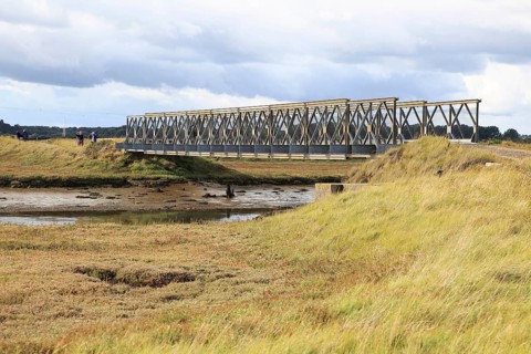 Orford Ness lighthouse Open Day, September 2017, Suffolk, England, UK, Bailey Bridge crossing Stony