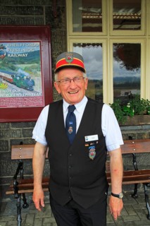 Station master at Ffestiniog and Welsh Highland Railway station, Porthmadog, Gwynedd, north west