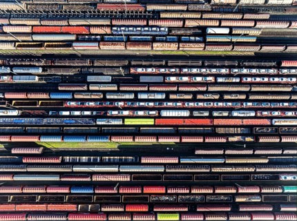 Deutsche Bahn AG marshalling yard. Many goods trains are parked on the tracks with tank wagons, car