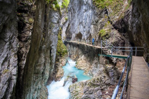 Waterfall trail at the Leutaschklamm gorge in the border forest between Tyrol and Bavaria