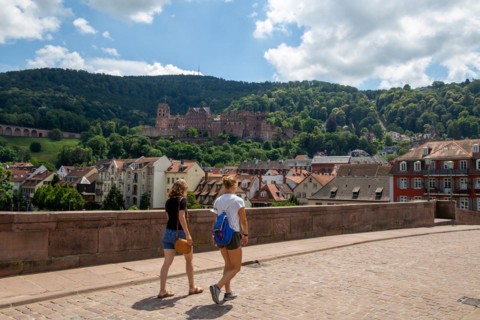 Heidelberg city panorama: the old bridge in the foreground, Heidelberg Castle in the background