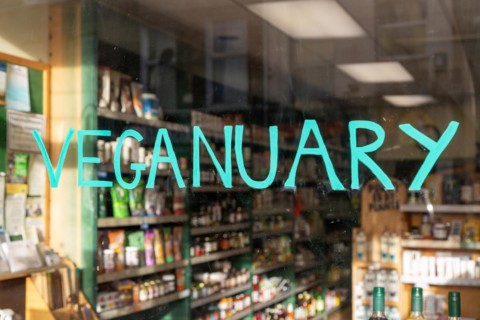 Veganuary sign in shop window whole food shop, Naturalife Taunton, Somerset, England, UK