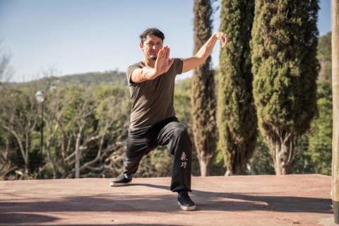 A man immerses himself in the practice of Kung Fu, a Chinese martial art, in the stance within the