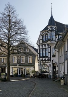Church square with typical Bergisch houses, Historic Upper Town, Mettmann, Bergisches Land, North