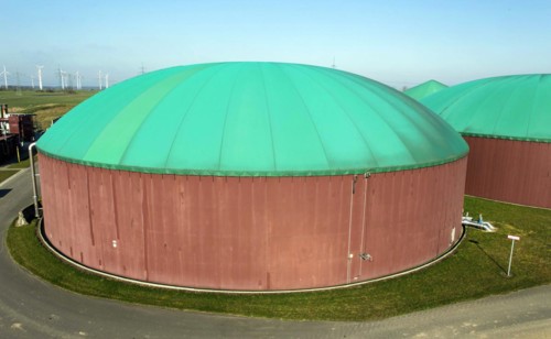 Aerial view of a biogas plant, energy production from biomass at an agricultural business,