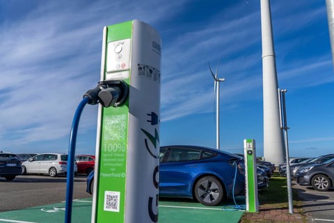 Electric car fast charging station, from the Dutch provider PowerGo, in the ferry harbour of