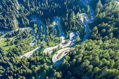 Curves of Majola mountain pass, drone shot, Switzerland, Europe