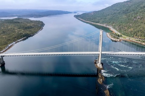 Aerial view of suspension bridge over fjord Efjord, road E6, northern Norway