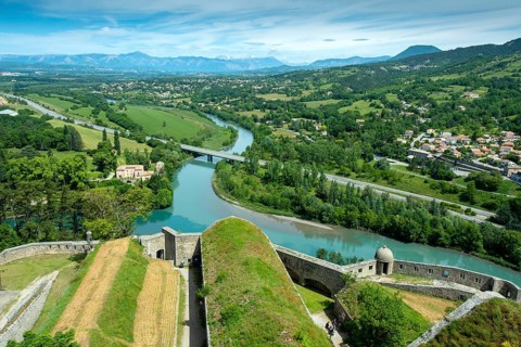 Sisteron. Confluence of the Durance river and the Buech at the foot of the Citadel,