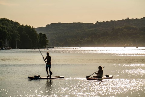 North-eastern part of Lake Baldeney, Stand up paddler, Sup, Essen, North Rhine-Westphalia, Germany,