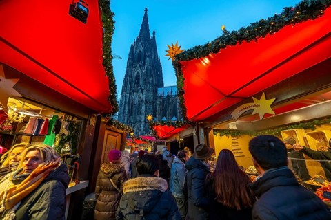 Christmas market on Roncallli Square, right next to Cologne Cathedral, in the historic centre of