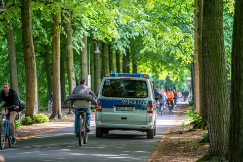 Police patrol on the Promenade cycle path, a tree-lined, car-free, approximately 4.5 km long ring
